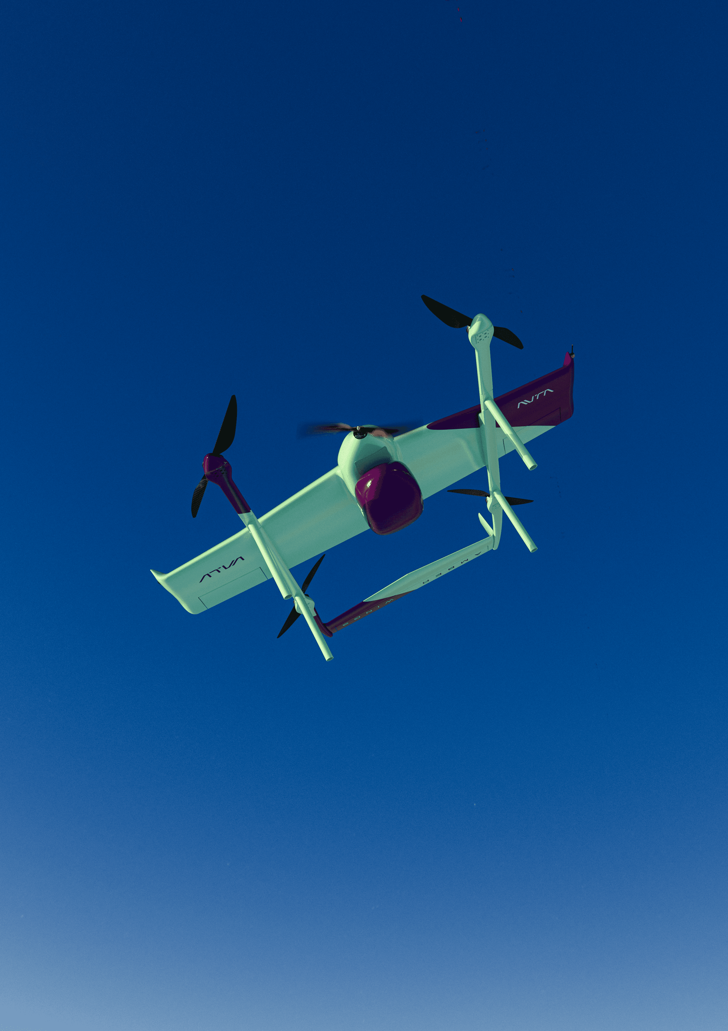 The Atva-1 cargo drone in flight against a clear sky