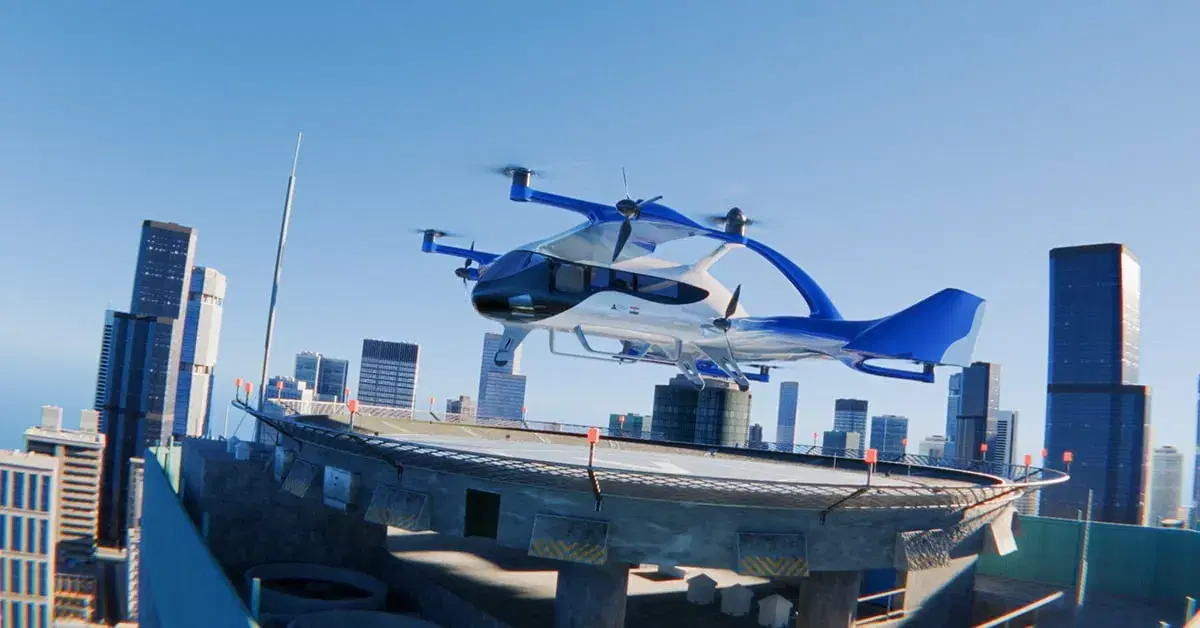 The e200X on a rooftop vertiport above the city