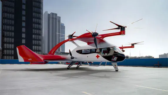 An eVTOL air taxi on a rooftop vertiport