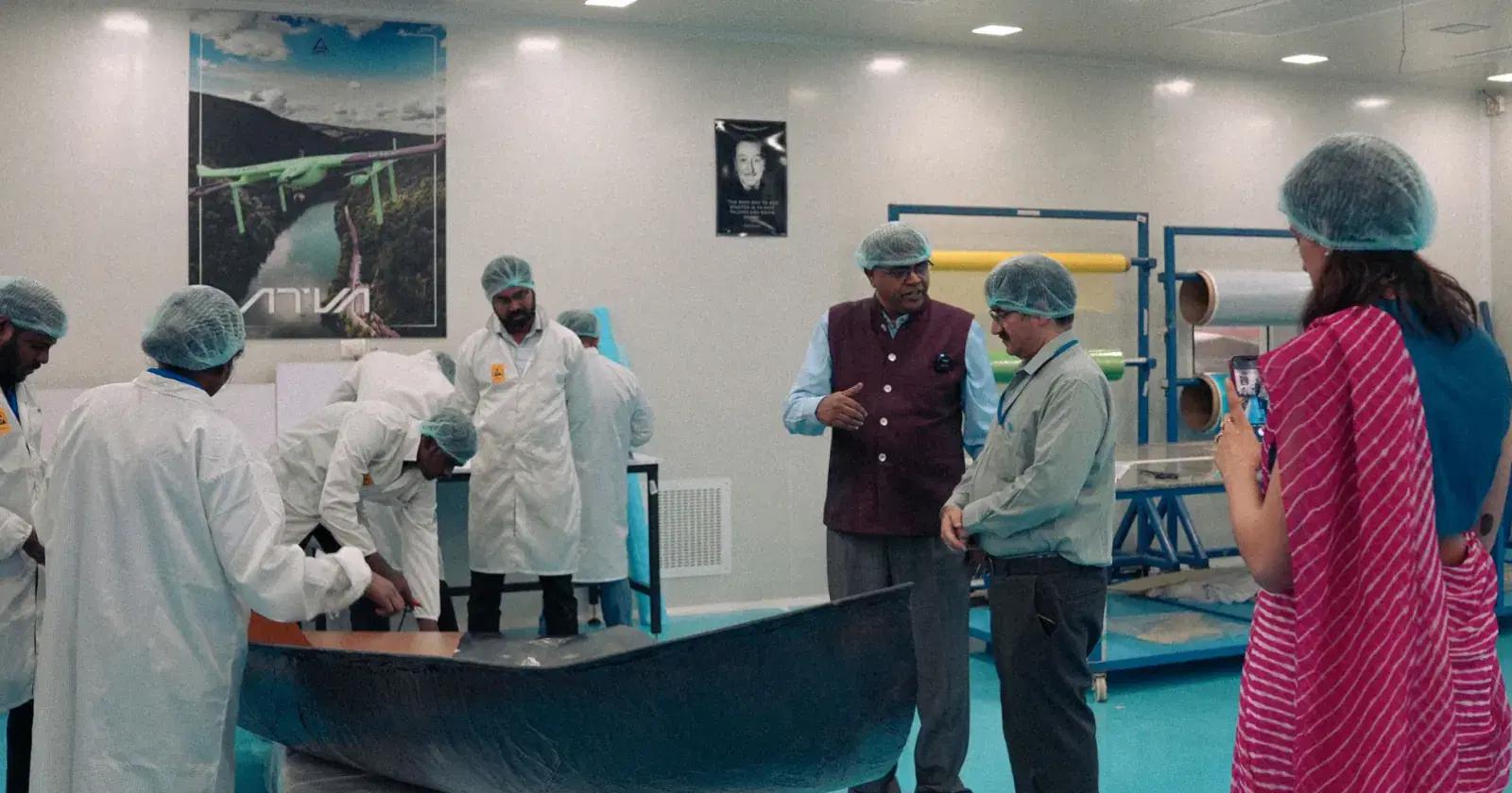 The clean-room team around the full-scale e200X fuselage