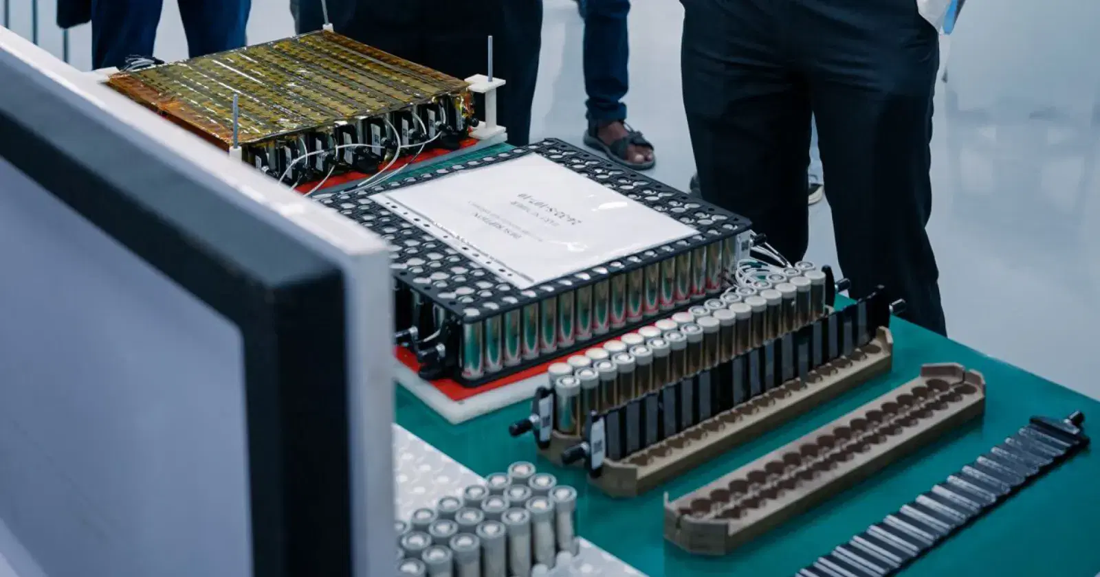 Individually wrapped cells on the battery pack assembly bench