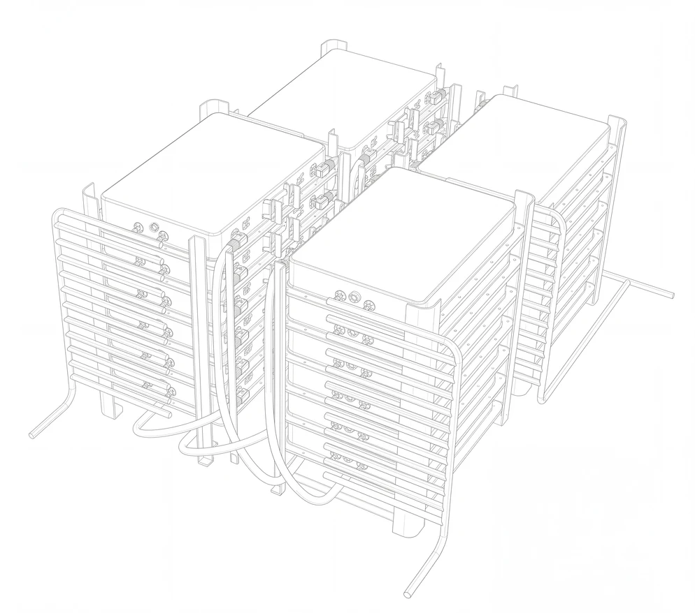 A cutaway of the battery pack: cylindrical cells racked in a vented tray, each one individually monitored