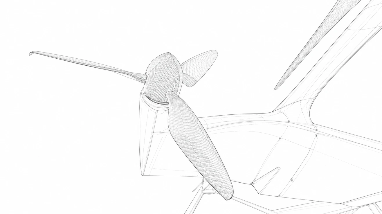 A lift rotor drawn as a wireframe: five swept blades on a fixed hub, mounted on a boom
