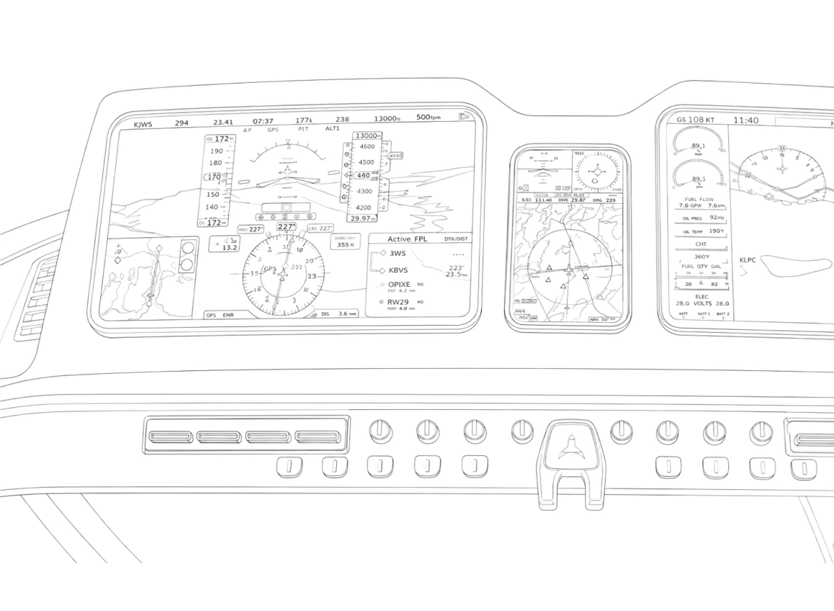 The flight deck in outline: a primary flight display, navigation display and engine readout above a row of switches
