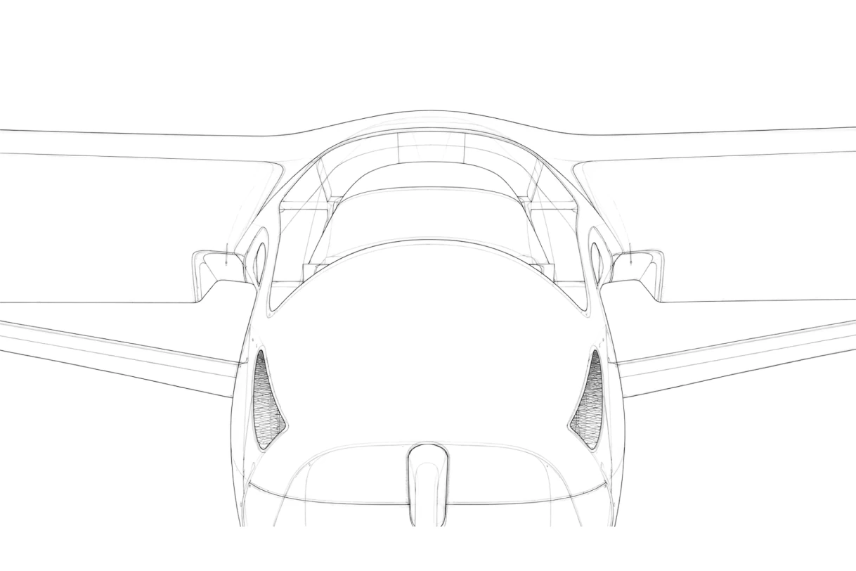 The airframe seen head-on as a line drawing, showing the cabin shell, wing roots and boom fairings
